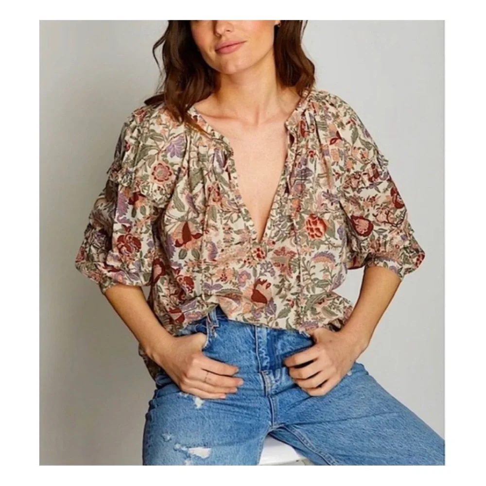 Anthropologie Love The Label Floral Peasant Boho Balloon Puff Sleeve Top Size XS